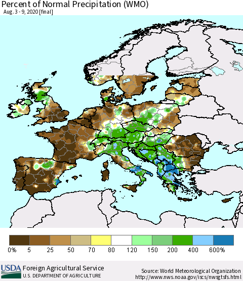 Europe Percent of Normal Precipitation (WMO) Thematic Map For 8/3/2020 - 8/9/2020
