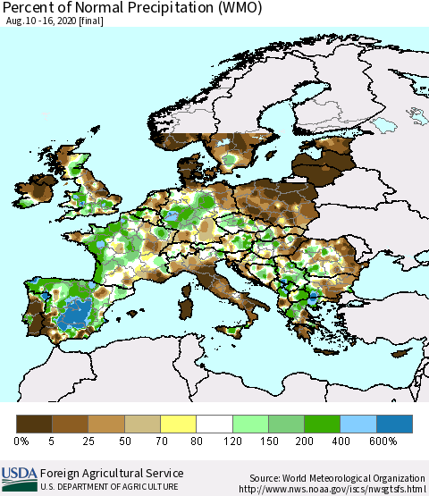 Europe Percent of Normal Precipitation (WMO) Thematic Map For 8/10/2020 - 8/16/2020