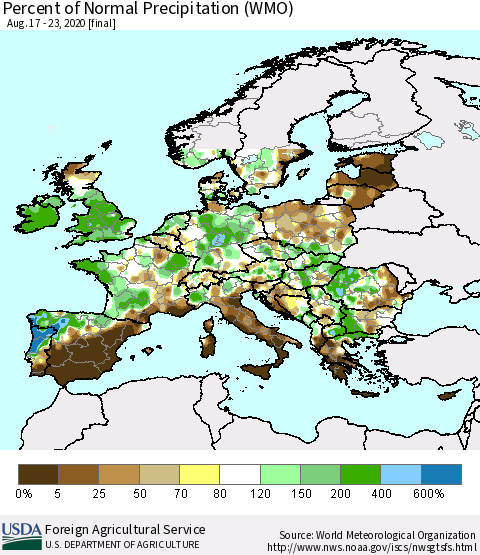 Europe Percent of Normal Precipitation (WMO) Thematic Map For 8/17/2020 - 8/23/2020