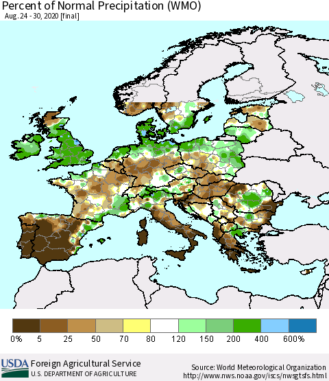 Europe Percent of Normal Precipitation (WMO) Thematic Map For 8/24/2020 - 8/30/2020