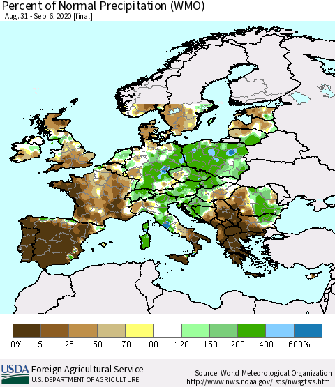 Europe Percent of Normal Precipitation (WMO) Thematic Map For 8/31/2020 - 9/6/2020