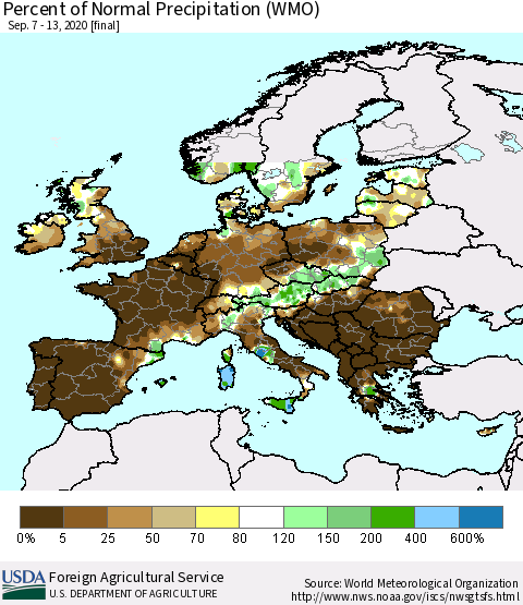 Europe Percent of Normal Precipitation (WMO) Thematic Map For 9/7/2020 - 9/13/2020