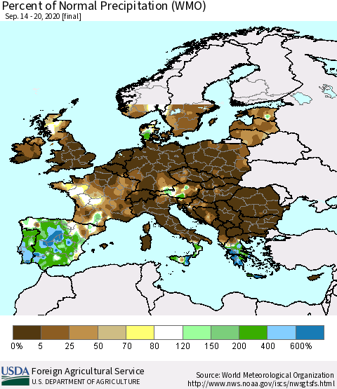 Europe Percent of Normal Precipitation (WMO) Thematic Map For 9/14/2020 - 9/20/2020