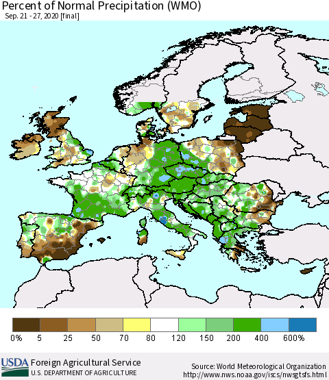 Europe Percent of Normal Precipitation (WMO) Thematic Map For 9/21/2020 - 9/27/2020