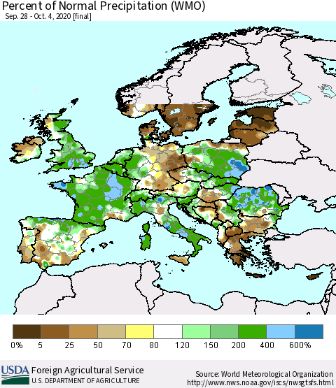 Europe Percent of Normal Precipitation (WMO) Thematic Map For 9/28/2020 - 10/4/2020