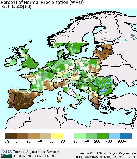 Europe Percent of Normal Precipitation (WMO) Thematic Map For 10/5/2020 - 10/11/2020