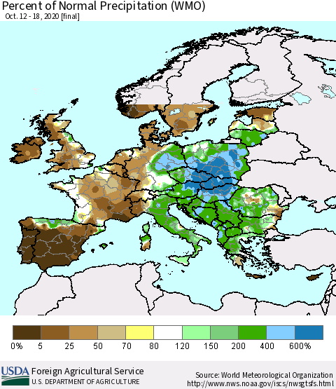 Europe Percent of Normal Precipitation (WMO) Thematic Map For 10/12/2020 - 10/18/2020