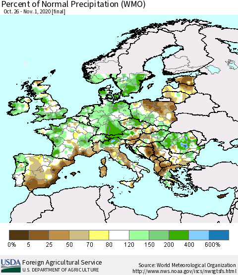 Europe Percent of Normal Precipitation (WMO) Thematic Map For 10/26/2020 - 11/1/2020