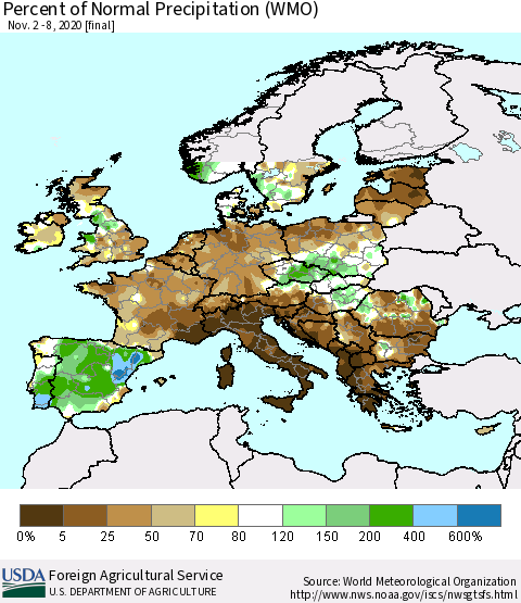 Europe Percent of Normal Precipitation (WMO) Thematic Map For 11/2/2020 - 11/8/2020