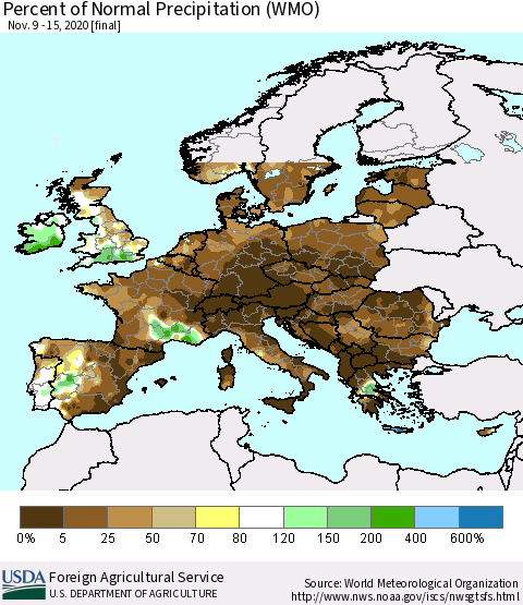 Europe Percent of Normal Precipitation (WMO) Thematic Map For 11/9/2020 - 11/15/2020