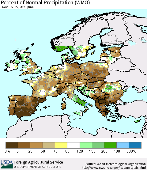 Europe Percent of Normal Precipitation (WMO) Thematic Map For 11/16/2020 - 11/22/2020