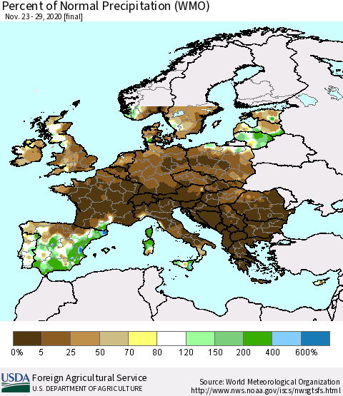 Europe Percent of Normal Precipitation (WMO) Thematic Map For 11/23/2020 - 11/29/2020