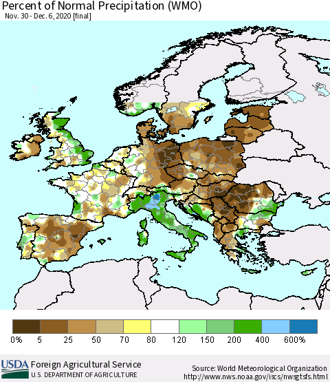 Europe Percent of Normal Precipitation (WMO) Thematic Map For 11/30/2020 - 12/6/2020
