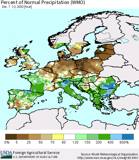 Europe Percent of Normal Precipitation (WMO) Thematic Map For 12/7/2020 - 12/13/2020