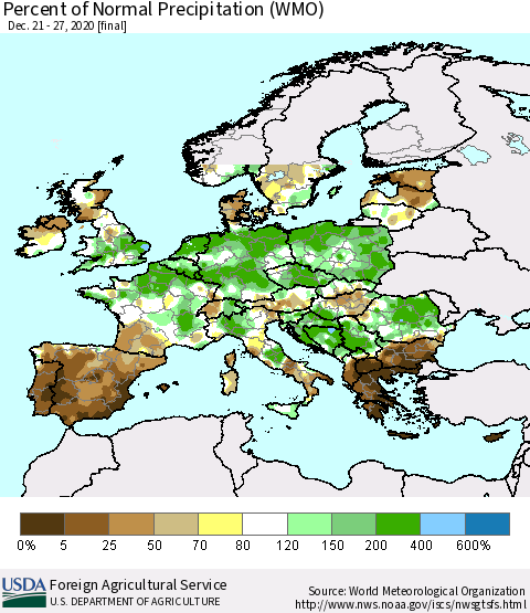 Europe Percent of Normal Precipitation (WMO) Thematic Map For 12/21/2020 - 12/27/2020