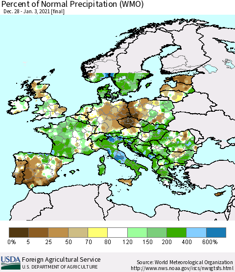 Europe Percent of Normal Precipitation (WMO) Thematic Map For 12/28/2020 - 1/3/2021