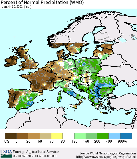 Europe Percent of Normal Precipitation (WMO) Thematic Map For 1/4/2021 - 1/10/2021
