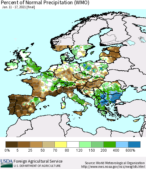 Europe Percent of Normal Precipitation (WMO) Thematic Map For 1/11/2021 - 1/17/2021