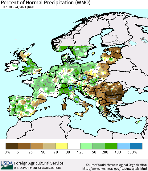 Europe Percent of Normal Precipitation (WMO) Thematic Map For 1/18/2021 - 1/24/2021