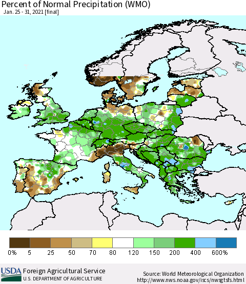 Europe Percent of Normal Precipitation (WMO) Thematic Map For 1/25/2021 - 1/31/2021