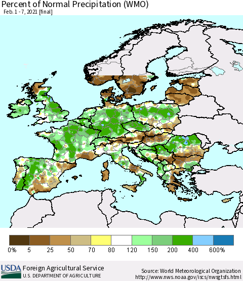 Europe Percent of Normal Precipitation (WMO) Thematic Map For 2/1/2021 - 2/7/2021