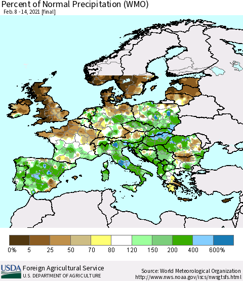 Europe Percent of Normal Precipitation (WMO) Thematic Map For 2/8/2021 - 2/14/2021