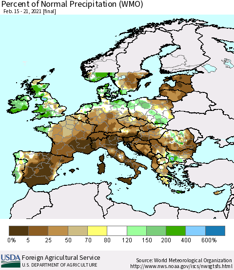 Europe Percent of Normal Precipitation (WMO) Thematic Map For 2/15/2021 - 2/21/2021
