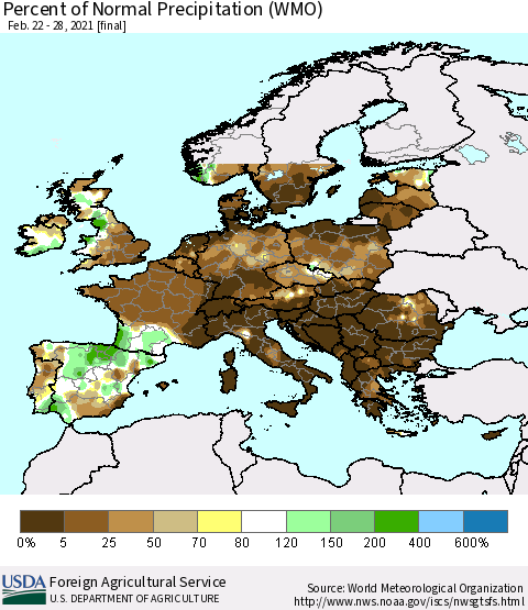 Europe Percent of Normal Precipitation (WMO) Thematic Map For 2/22/2021 - 2/28/2021