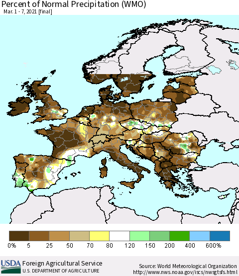 Europe Percent of Normal Precipitation (WMO) Thematic Map For 3/1/2021 - 3/7/2021