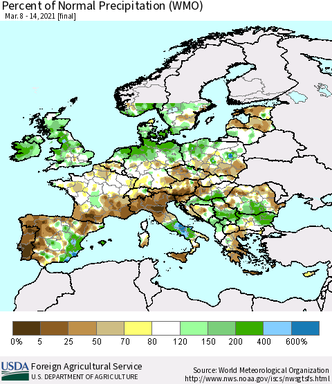 Europe Percent of Normal Precipitation (WMO) Thematic Map For 3/8/2021 - 3/14/2021