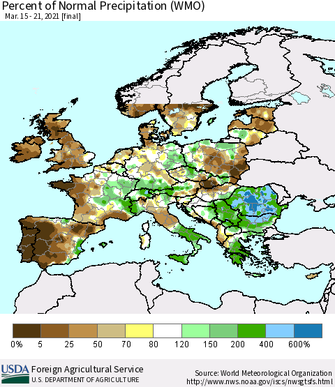 Europe Percent of Normal Precipitation (WMO) Thematic Map For 3/15/2021 - 3/21/2021