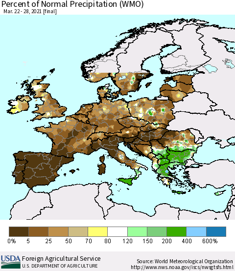 Europe Percent of Normal Precipitation (WMO) Thematic Map For 3/22/2021 - 3/28/2021
