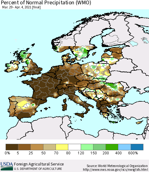 Europe Percent of Normal Precipitation (WMO) Thematic Map For 3/29/2021 - 4/4/2021
