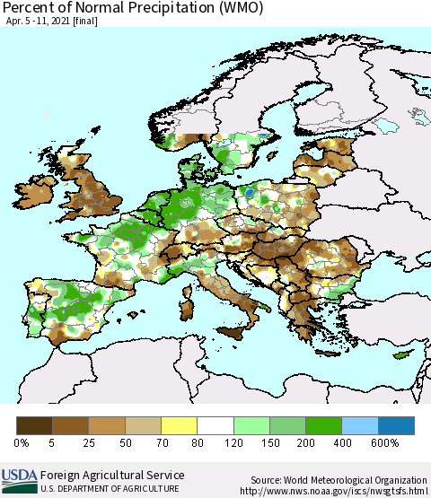 Europe Percent of Normal Precipitation (WMO) Thematic Map For 4/5/2021 - 4/11/2021
