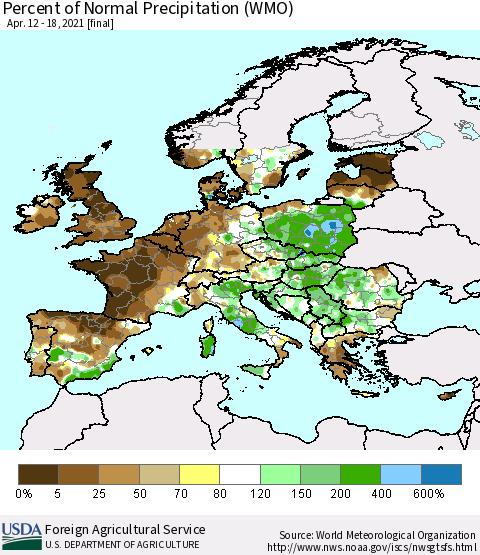 Europe Percent of Normal Precipitation (WMO) Thematic Map For 4/12/2021 - 4/18/2021