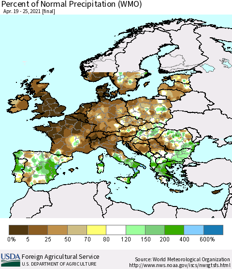 Europe Percent of Normal Precipitation (WMO) Thematic Map For 4/19/2021 - 4/25/2021