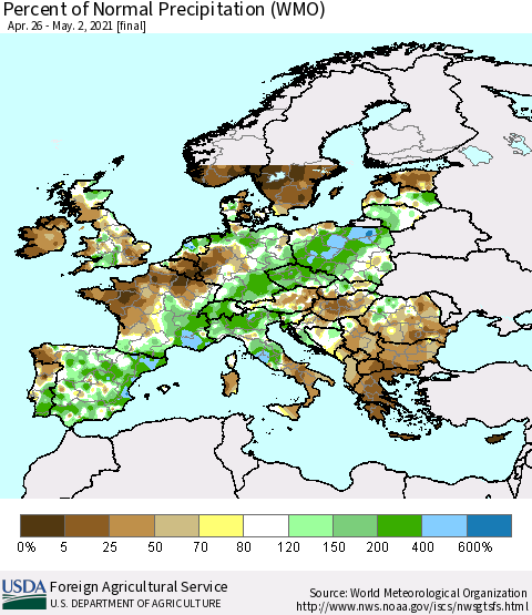 Europe Percent of Normal Precipitation (WMO) Thematic Map For 4/26/2021 - 5/2/2021