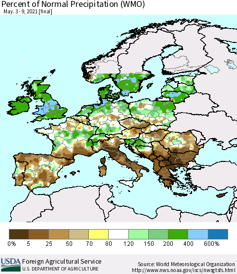 Europe Percent of Normal Precipitation (WMO) Thematic Map For 5/3/2021 - 5/9/2021