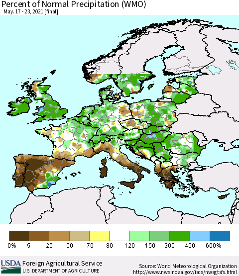 Europe Percent of Normal Precipitation (WMO) Thematic Map For 5/17/2021 - 5/23/2021