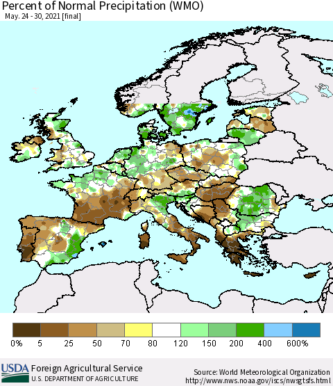 Europe Percent of Normal Precipitation (WMO) Thematic Map For 5/24/2021 - 5/30/2021