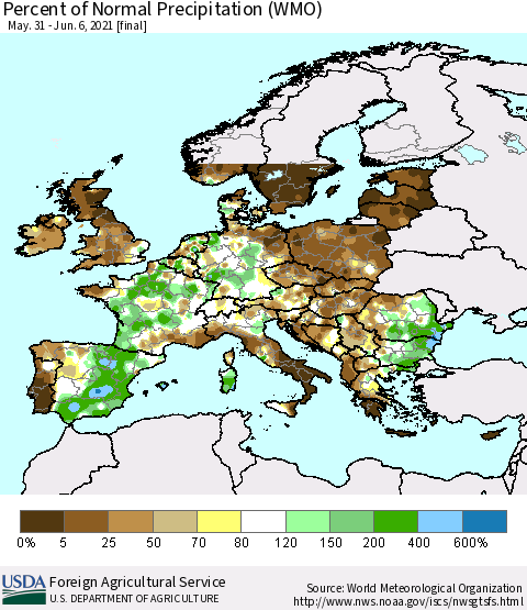 Europe Percent of Normal Precipitation (WMO) Thematic Map For 5/31/2021 - 6/6/2021