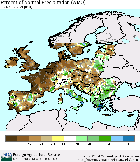 Europe Percent of Normal Precipitation (WMO) Thematic Map For 6/7/2021 - 6/13/2021
