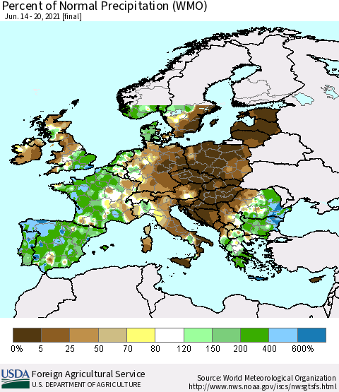 Europe Percent of Normal Precipitation (WMO) Thematic Map For 6/14/2021 - 6/20/2021