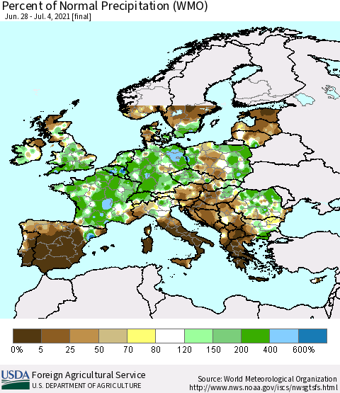 Europe Percent of Normal Precipitation (WMO) Thematic Map For 6/28/2021 - 7/4/2021