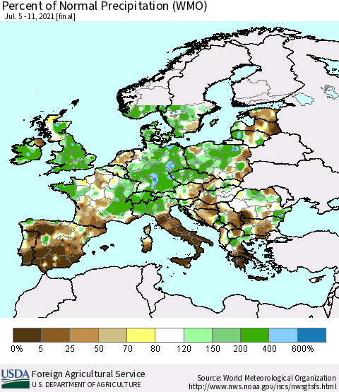 Europe Percent of Normal Precipitation (WMO) Thematic Map For 7/5/2021 - 7/11/2021