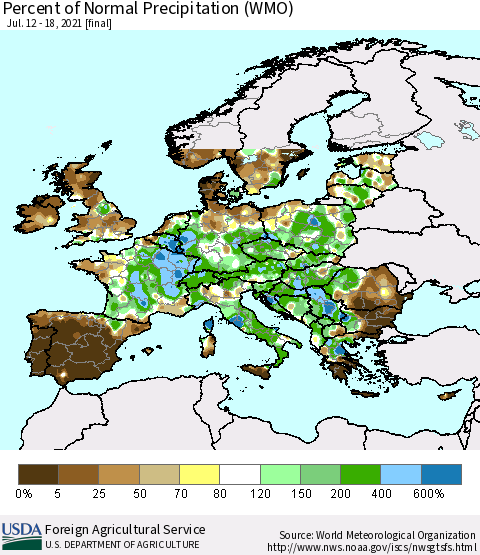Europe Percent of Normal Precipitation (WMO) Thematic Map For 7/12/2021 - 7/18/2021