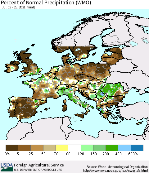 Europe Percent of Normal Precipitation (WMO) Thematic Map For 7/19/2021 - 7/25/2021