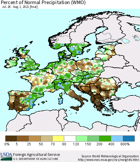 Europe Percent of Normal Precipitation (WMO) Thematic Map For 7/26/2021 - 8/1/2021