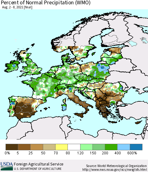 Europe Percent of Normal Precipitation (WMO) Thematic Map For 8/2/2021 - 8/8/2021
