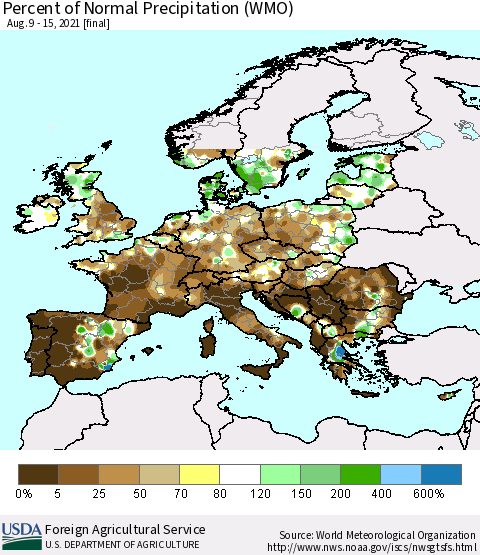 Europe Percent of Normal Precipitation (WMO) Thematic Map For 8/9/2021 - 8/15/2021